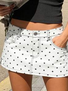 Women Summer Mini Jean Skirts Casual Dots Print Denim Skirt For Beach Vacation Club Streetwear - 白色 - 查看 2