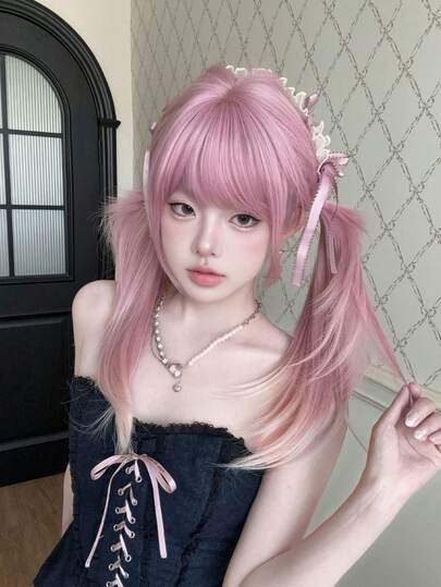 alicegarden 26-Inch Long Synthetic Wig Featuring A Natural Straight Style A Stunning Pink. Designed With Bangs , It Is Crafted From Heat-Resistant Fiber To Ensure Durability. This False Hairpiece Is Perfect For Daily Use, Offering A Natural And Realistic Appearance That Mimics. (Excluding Accessories)