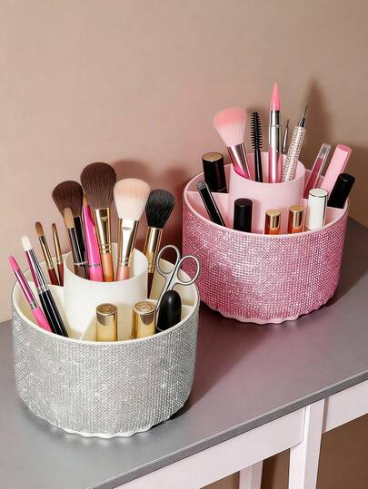 1pc Rotating Makeup Storage Box, With White/Pink Rhombus Rotating Lid - Standalone Desktop Organizer Box, Multi-Compartment Design For Nail Polish, Makeup Brushes, Skincare - Space Saving, Suitable For Home, Office, Vanity, Perfume Holder