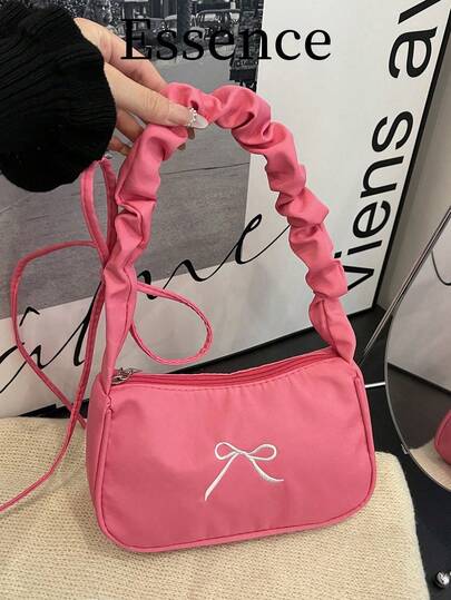 1pc Pink Nylon Pleated Shoulder Bag For Women, Spring New Arrival With Embroidered Bow Decor