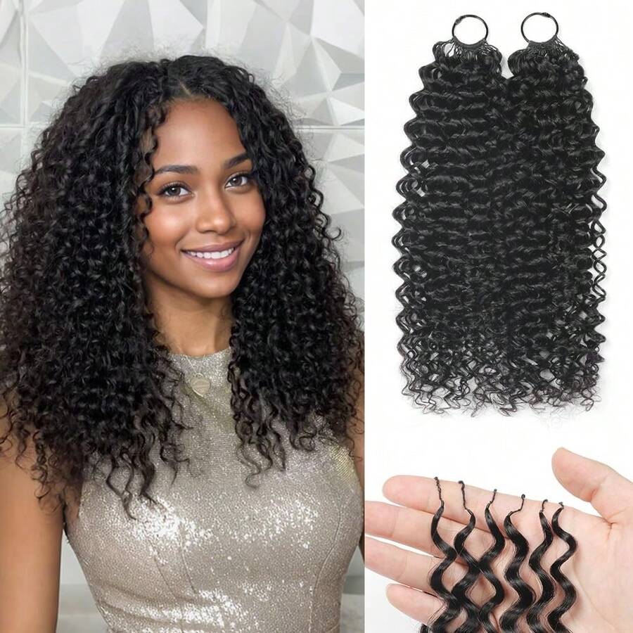 Tóc móc sợi tự nhiên, xoăn, không thắt nút, dài 18 inch, 120g, 2 bó, đã tách sẵn, kiểu móc sợi lông vũ, thích hợp cho tóc ướt và gợn sóng, tóc nối móc sợi vô hình, màu đen tự nhiên. - Natural Black - Xem 1