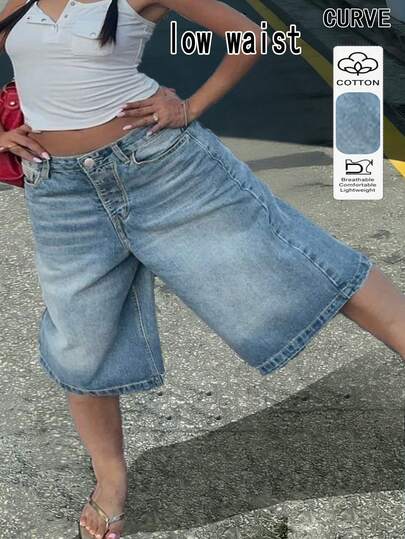 Shorts Plus Size com Lavagem Clara, Design de Perna Reta com Bolsos e Zíper, Criando um Visual Fresco e Estiloso Casual de Verão