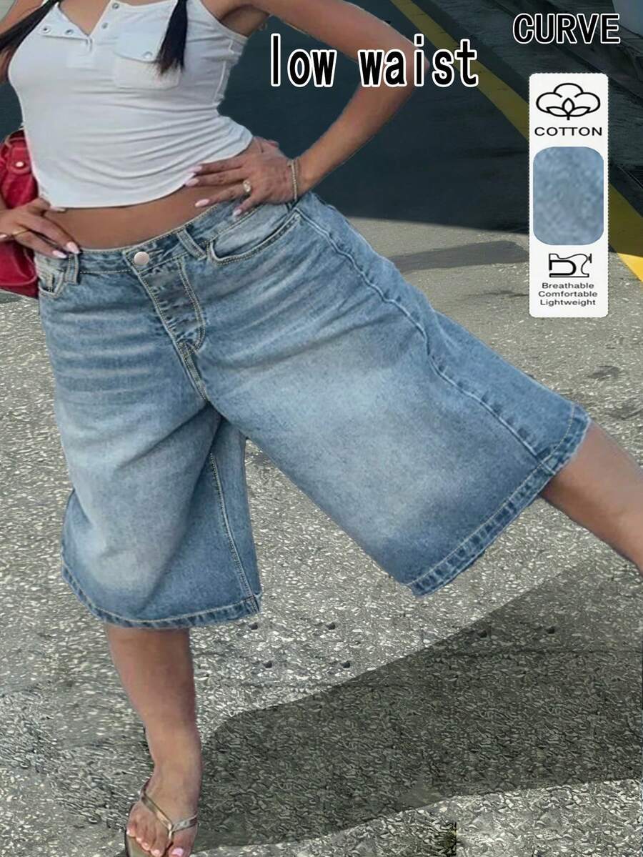 Plus Size Bermuda Shorts With Light Wash, Straight Leg Design With Pockets And Zipper, Creating A Fresh And Stylish Look Casual Summer - Light Wash - View 1