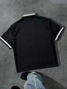 WAIT HIM 男士夏季休闲度假时尚日常通勤植物印花撞色包边短袖衬衫 - 黑色 - 查看 8