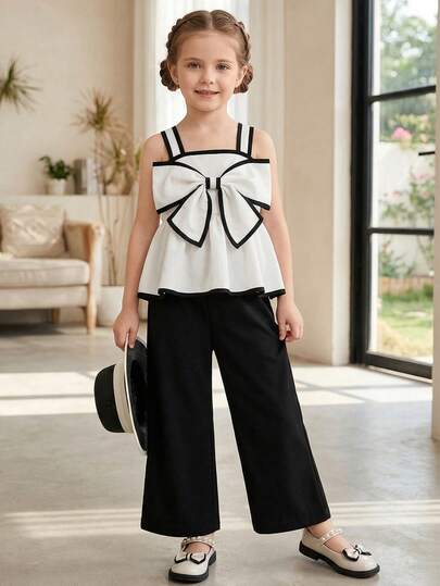 BASUSARRI Girls' Commuting Chic White Contrast Color Wide Strap Big Bow Tie Crop Top And Straight Leg 3/4 Pants Suit, Versatile Fashion