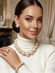 1件/5件套优雅别致的法式奢华大珍珠项链、手链、戒指、耳环首饰套装。时尚百搭、奢华迷人的女士首饰，适合派对、婚礼、聚会和日常佩戴。 - 優雅氣質輕奢風 - 查看 10