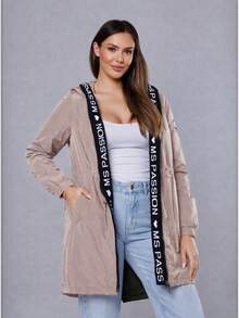 Thin women's jacket with decorative piping, Hooded jacket Non-detachable hood Zippered Decorative knitted panel along the jacket Drawstring at the waist Elasticated sleeves 2 pockets with snap fasteners Mid-thigh length, casual, Spring/Autumn - 米色 - 查看 1