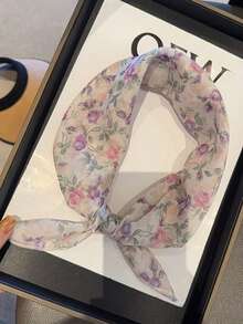 1件春夏新款曼塔紫玫瑰小方巾，女士拍照道具丝巾，透气柔软乡村风围脖 - 紫色 - 查看 2