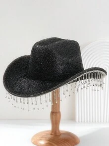 1PC Men's And Women's Unisex Rhinestone Tassel Distressed Shiny Cowboy Hat, Novelty Fun Punk Style Wide Brim Hat Bridesmaid Hat Bride Hat Gift Hat Cowgirl Hat, Suitable For Parties, Western Themed Events, Gatherings, Engagement Parties, Cosplay, Graduation Ceremonies, Masquerade Balls, Festivals, Weddings, Birthday Celebrations, Music Festivals, Coming-Of-Age Ceremonies - Solid Color - View 15