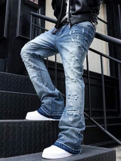 Men's Flared Jeans, Slim Fit Distressed Flare Leg Jeans, Y2K Stacked Jeans, Contrast Wash Embroidered Jeans, Suitable For All Seasons