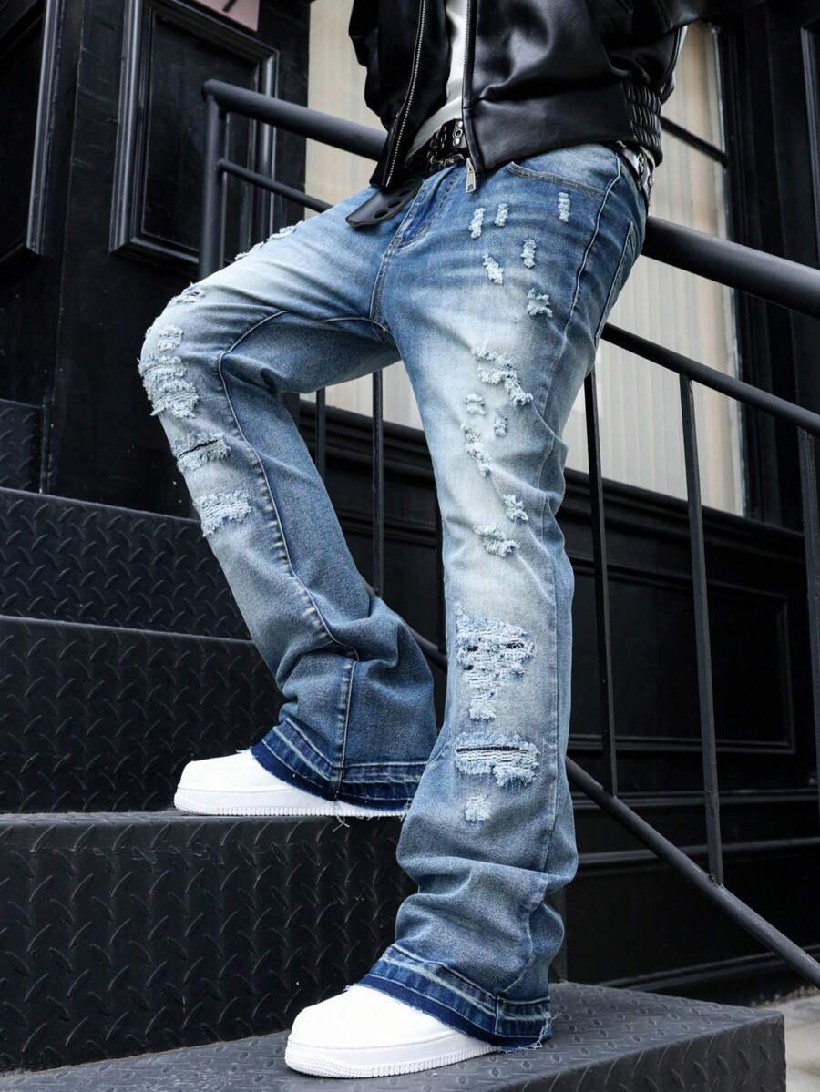 男士喇叭牛仔裤，修身破洞喇叭裤，Y2K 叠穿牛仔裤，撞色水洗刺绣牛仔裤，适合所有季节 - 藍色 - 查看 1