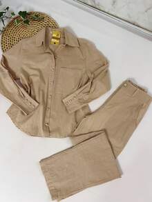 Linen Set With Three-Quarter Sleeves And High-Waisted Pants With Elastic Waistband | Lightweight Fabric - 卡其色 - 查看 4