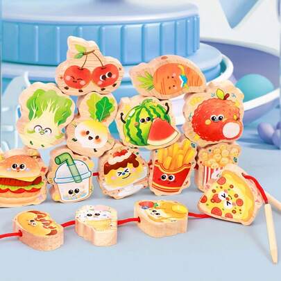 Juguetes de cuentas de madera para niños, cuentas ensartables de verduras y frutas educativas, juguete para desarrollar habilidades motoras finas y entrenar la concentración para niños y niñas