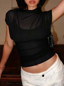 Women's Black Cropped Sleeveless Top, Mesh Design, Semi-Sheer Knit Fabric With Fitted Hem, Ideal For Summer Wear - Black - View 5