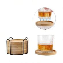 6件套日式竹木耐热杯垫，含1个铁架，木质茶杯垫，圆形耐热茶垫，禅意家居木质杯垫 - 彩色 - 查看 12