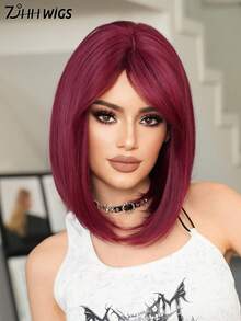 7JHH WIGS 16英吋肩長葡萄紫紅色短直髮波波頭假髮，附瀏海，耐熱合成纖維製，適合日常穿戴、派對、Cosplay、音樂節等場合，亦可作為畢業禮物或母親節禮物 - 中紫紅色 - 查看 5