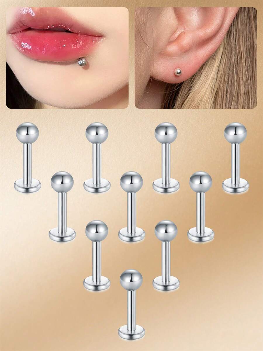 CIZME 10pcs 16G Lip Rings Labret Piercing Jewelry Lip Studs,Medusa Monroe Rings Studs 316L Stainless Steel Tragus Helix Cartilage Earring Stud Rings Piercing Jewelry Bar Length 8mm 10mm 12mm - Silver - View 1