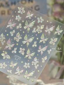 1pc Fresh Green Gradient Magnolia Petal Dreamy Butterfly Splendid Flower Tender 5D Spring Adhesive Nail Art Stickers Manicure Decals - Multicolor - View 3