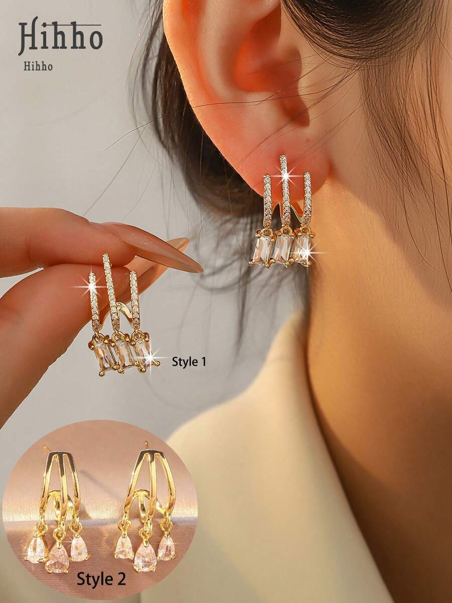 Hihho 一对时尚个性化闪亮微镶水滴方形吊坠耳环，优雅奢华，是送给朋友的理想礼物 - 金黃色 - 查看 1