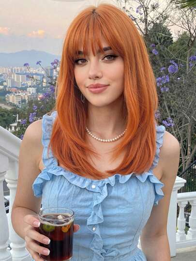 Medium Length Brown Copper Ginger Synthetic Wigs For Women Short Straight Brown Wigs With Bangs Shoulder Length Fake Hair Lolita Daily