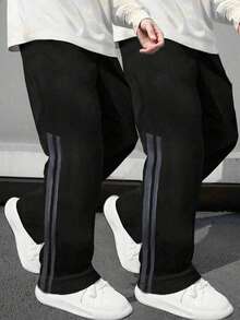 2件套 青少年男童舒适百搭简约侧条纹直筒运动裤 - 黑色 - 查看 1