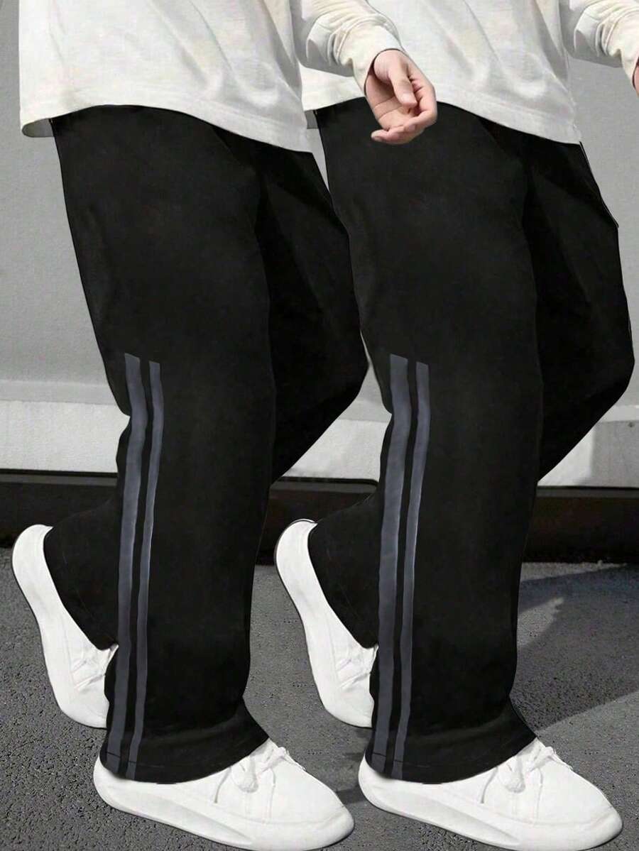 2件套 青少年男童舒适百搭简约侧条纹直筒运动裤 - 黑色 - 查看 1