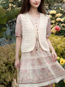 Alicedudu 女士浪漫系带针织开衫背心，春夏款 - 杏色 - 查看 5