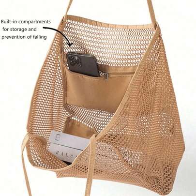 5pcs Set: Mesh Tote Bag + Strap Clips, Cosmetic Bag, Casual Tote, Foldable Ladies' Picnic Shoulder Bag, Waterproof, Foldable, Essential Bag, Multifunctional Strap Shopping Bag, Mesh Hollow Bag, Mesh Bag, Bathroom Storage Bag, Multifunctional Toiletry Bag, Bathroom Bag And Shoulder Strap Bag, Lightweight, Large Capacity Portable Mesh Beach Bag, Suitable For Family Travel, Vacation, Beach, Camping And Hiking, Summer Holiday Bag, Cosmetic Bag
