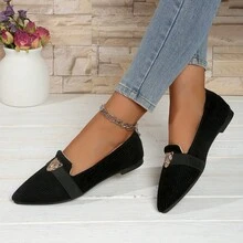 Zapatos planos de mujer con punta puntiaguda y cómodos, tipo mocasín sin cordones. Diseño de unicolor con adorno de cabeza de leopardo, adecuados para el trabajo, el transporte, el hogar y la escuela - Negro - Ver 5