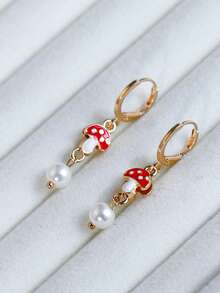 1 Pair New Ins Style Cute Cartoon Drip Oil High-End Alloy Double-Layer Tassel Earrings, Mixed Color Heart Shaped Handmade Earrings, DIY Jewelry Accessories - Mushroom - View 4