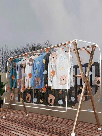1pc Outdoor Clothes & Bedding Drying Cover - Waterproof Anti-Bird EVA Plastic Dust Cover, With Dual Pole Balcony Frame, No Power Needed For Clothing Storage & Drying, Multipurpose Rectangular Design, Balcony Storage Rack, Cute Pattern Design, Sturdy Pole Support, Luggage
