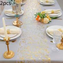 1 chiếc khăn trải bàn voan mỏng màu vàng ánh kim kích thước 11.02 inch * 107.09 inch, chất liệu chiffon trong suốt với nhũ vàng và lá kim loại, trang trí trung tâm bàn ăn cho tiệc tùng, thích hợp cho đám cưới, sinh nhật, Giáng sinh, tiệc mừng em bé. - Nhiều màu - Xem 15