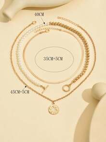 3pcs/Set Faux Pearl CCB Bead Coin Pendant Necklace, Fashion Beaded Choker Necklace With Metal Clasp, Suitable For Daily Wear Or Gift, Handmade Chain Length Customizable - Multicolor - View 4