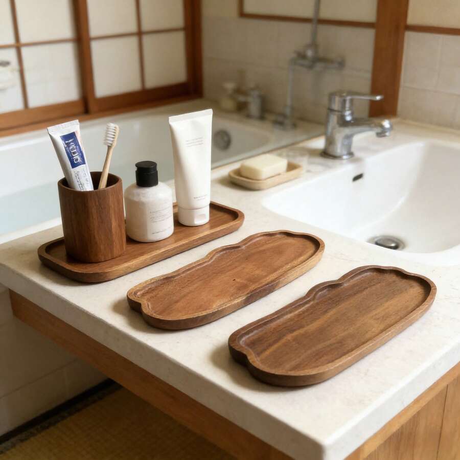 1 pieza Bandeja de madera, Bandeja de almacenamiento de tocador de baño estilo granja, Bandeja organizadora de madera impermeable, Adecuada para dispensador de jabón, fragancia, velas aromáticas, encimera de baño y decoración de cocina - color madera C - Ver 1