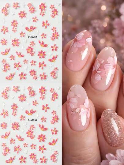 2pcs 5D Relief Pink Flower Heart Star Spring Summer Nail Art Sticker Ice-Clear Blooming Floral Nail Supplies DIY Holiday Nail Charms Decorations