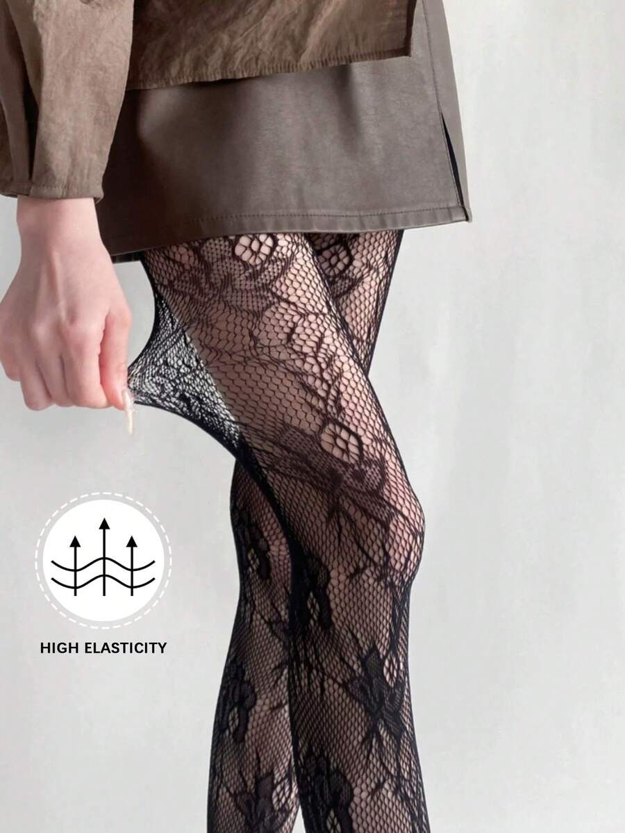 1pc French New Floral Jacquard Pantyhose, Sexy Spring/Summer Hollow-Out Stockings, Pure Lace Fishnet Tights - Multicolor - View 1