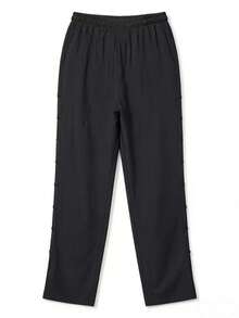 Women's Solid Color Elastic Waist Drawstring Side Button Pocket Casual Pants, Suitable For Daily, Home And Outdoor Occasions Spring Black - Black - View 4