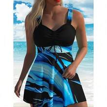 Women's Plant Print V-Neck Swimdress & Bottom Set, Casual Sleeveless Tankini Top & Shorts Two-Piece Swimsuit For Beach Holiday Vacation, Ladies Swimwear For All Seasons, Floral Print Swimsuit - Màu xanh Cadet - Xem 6