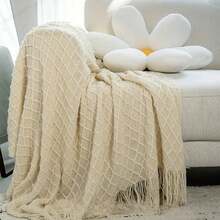 A Knitted Blanket, Nordic Style Rectangular Tassel Office Nap Sofa Blanket, Air Conditioning Blanket, Shawl Cover Blanket, Bed Tail Blanket Suitable For Daily Use - 流蘇小菱形米色 - 查看 6