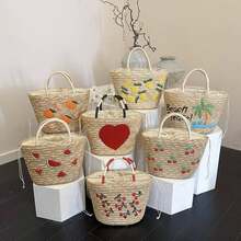 Summer Fruit Pattern Woven Tote Bag, Women Holiday Casual Handbag Suitable For Beach, Seaside, Vacation - Khaki - View 3