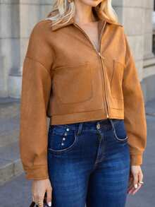 Faux Suede Bomber Jacket With Front Pockets - Camel - Ver 3