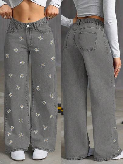 Pantalones rectos anchos casuales de mezclilla con bordado floral lavado vintage en gris, moda primavera/verano