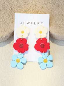 1对女士春夏白色、红色、蓝色花卉印花陶瓷质感INS设计可爱个性亚克力长耳环 - 彩色 - 查看 1