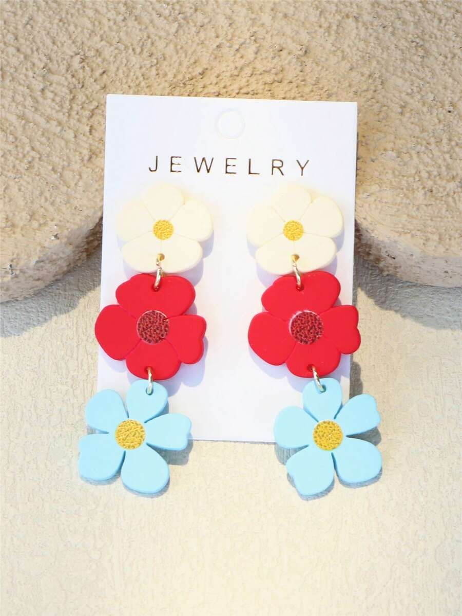 1对女士春夏白色、红色、蓝色花卉印花陶瓷质感INS设计可爱个性亚克力长耳环 - 彩色 - 查看 1