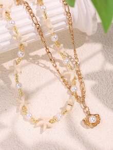 2pcs/Set Fashionable Unique Cute Pearl Shell Starfish Beaded Multilayer Necklace Set, Suitable For Daily Wear, Holiday Party Jewelry For Women - Multicolor - View 4