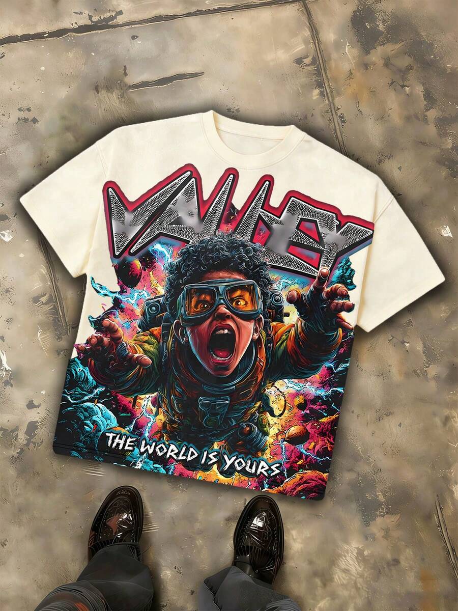"VALLEY" And "THE WORLD IS YOURS" Slogan - Oversized Distressed Print T-Shirt With A Futuristic Boy Graphic Featuring An Afro And Goggles. Men's Short-Sleeved, 100% Cotton, Loose Fit, Y2K Street Retro Casual Urban Aesthetic, 100% Cotton Pullover. Gift - 米白色 - 查看 1