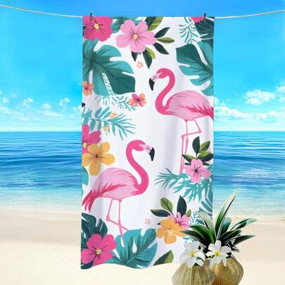1条火烈鸟花卉印花沙滩巾，超强吸水速干，适合游泳，柔软轻便，是理想的沙滩必备品（40*80厘米，超小号）