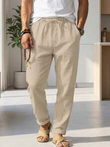 Men's Loose Linen Casual Pleated Straight Leg Pants, Breathable American Style For Spring & Summer - Khaki - View 5