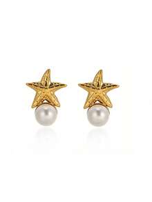 1 Pair Women's Elegant Starfish Faux Pearl Earrings, 18K Gold Stainless Steel Studs, Fashion Aesthetic Wedding Summer Beach Jewelry Gift - Yellow Gold - View 7