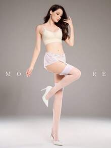 1双女士性感蕾丝吊袜带长筒袜，及膝款式 + 吊袜带配件 - 白色 - 查看 6